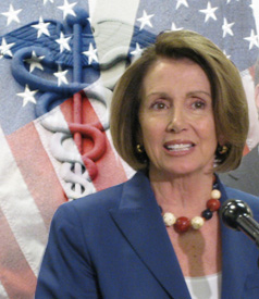 Nancy Pelosi over caduceus. 