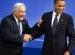 Obama (right) greets IMF's Managing Director Strauss-Kahn.